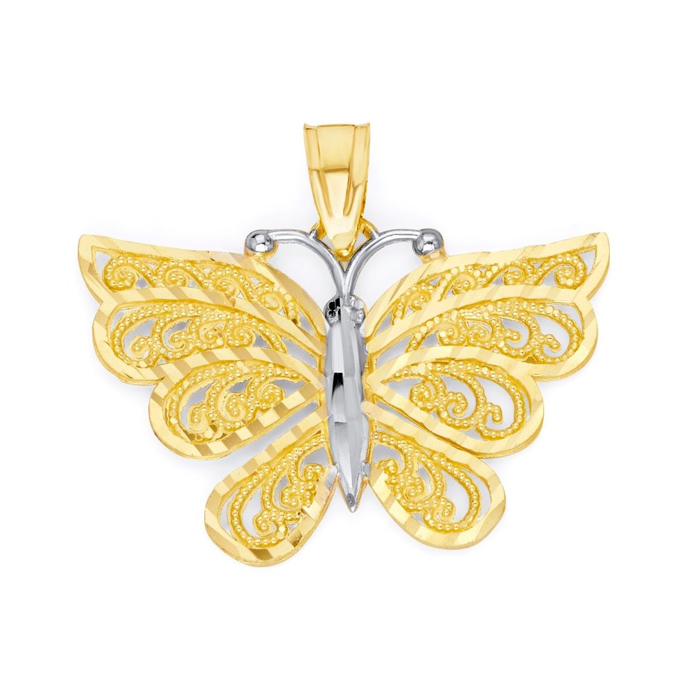 10k Solid Gold Butterfly Pendant Necklace - Diamond Cut Animal Jewelry for Her